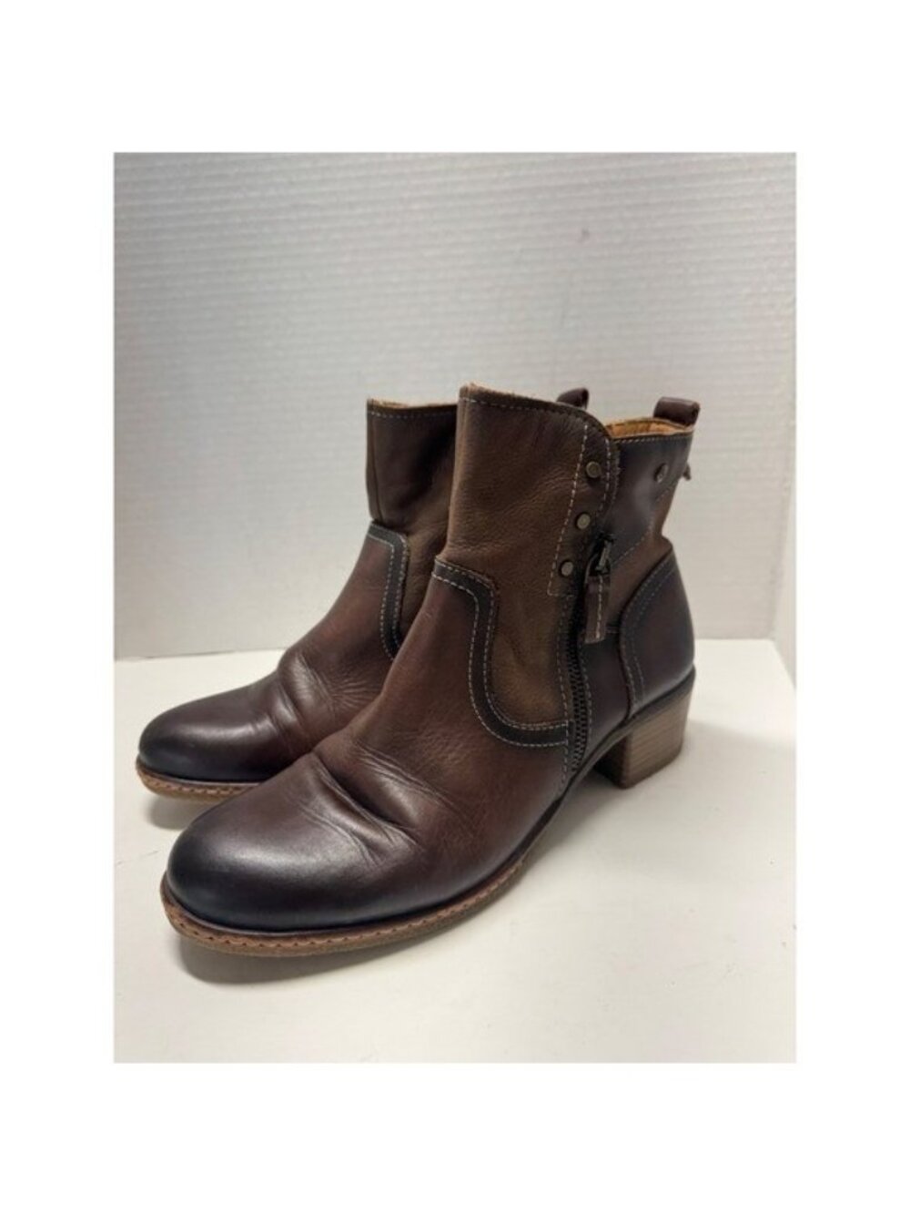 Pikolinos Brown Leather Two Tone Ankle Boots Block Heel Side Zip Size 39 8.5
